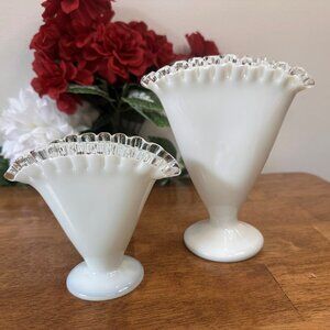 Fenton Silver Crest Fan Vases Pair Milk Glass Ruffled Edge Large and Small Vinta